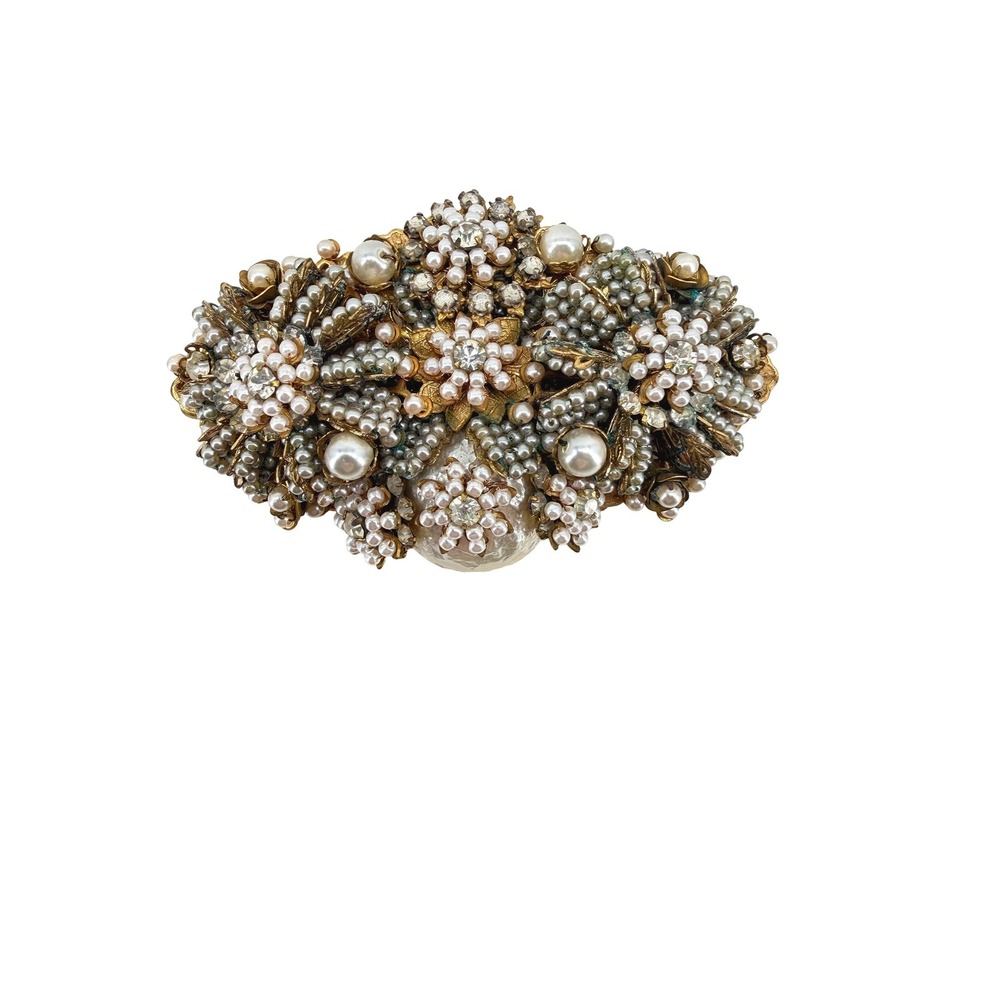 Stanley Hagler NYC Vintage Faux Pearl Rhinestone Gold Filigree Floral Brooch Pin